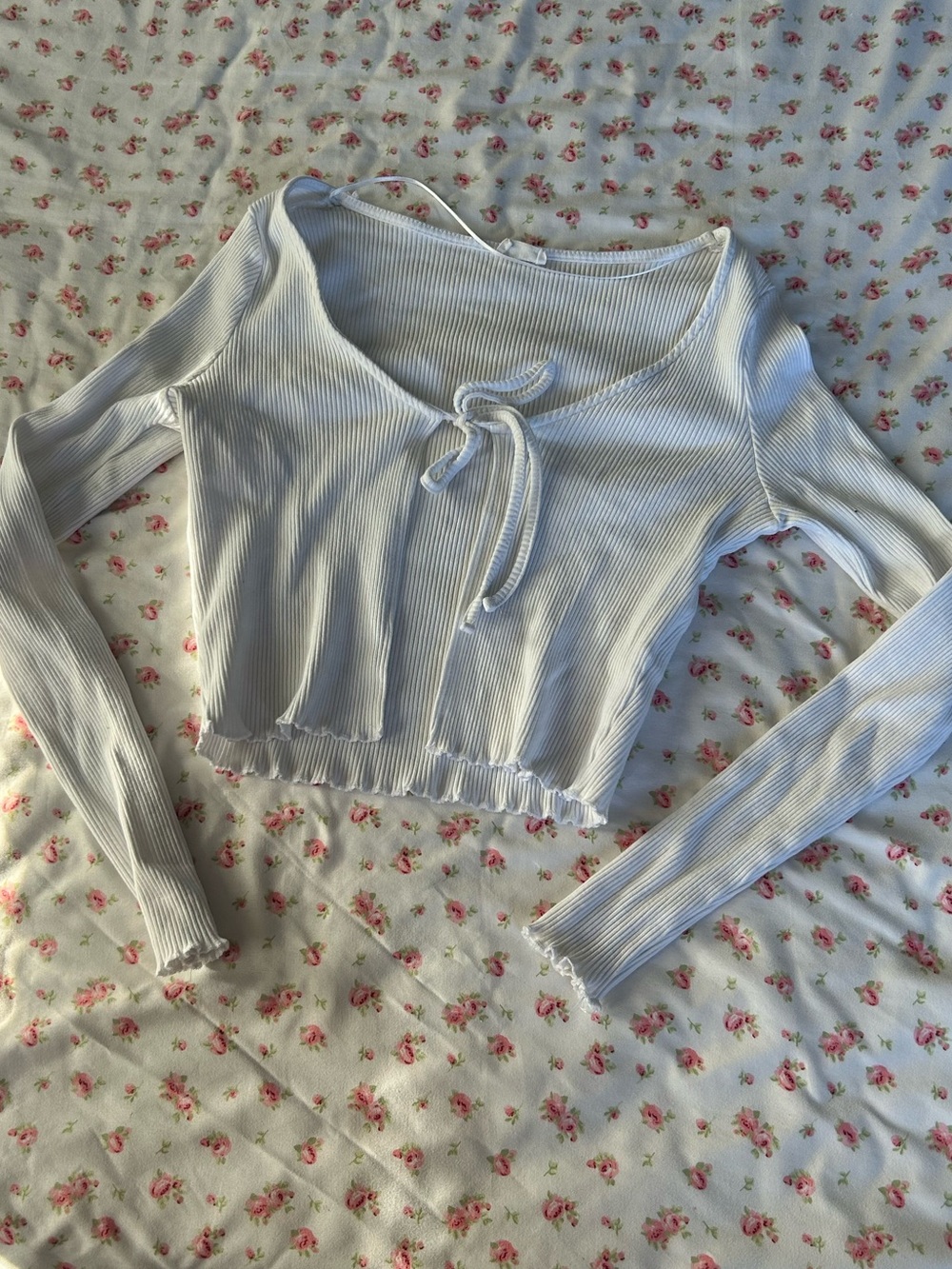 COTTON ON White Ribbed Tie-Front Long Sleeve Crop Top